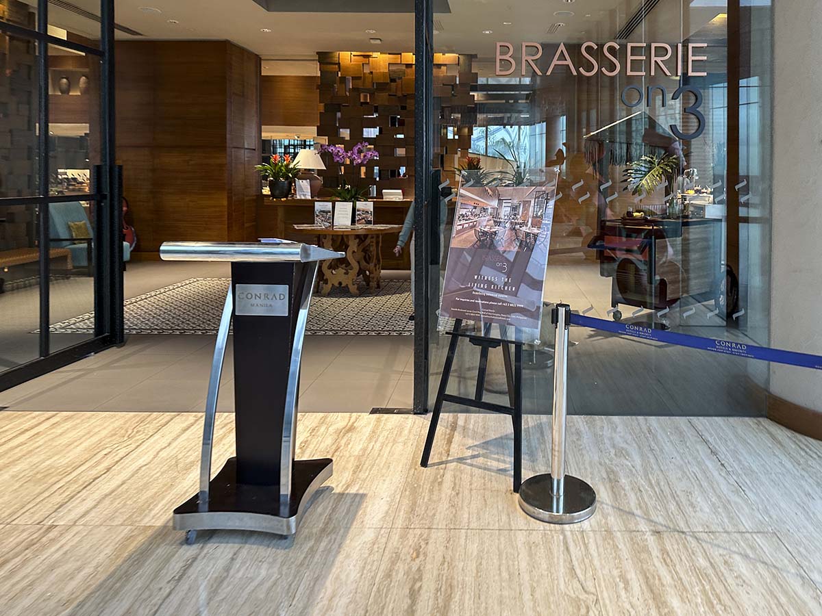 Entrance to the lobby restaurant (Brasserie on 3) at the Conrad Manila Hotel 