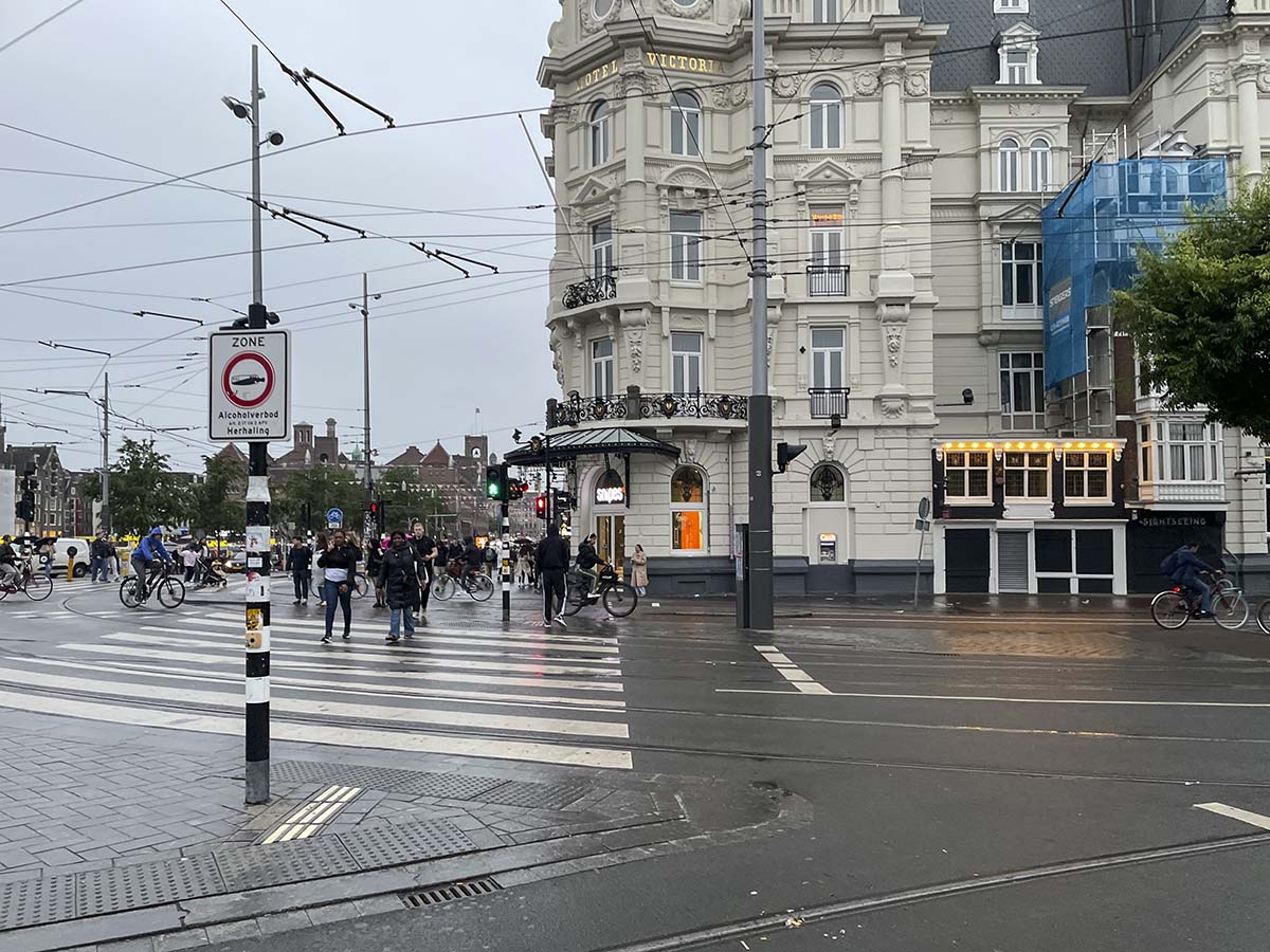 Crossing the street to reach the park plaza Victoria hotel in Amsterdam