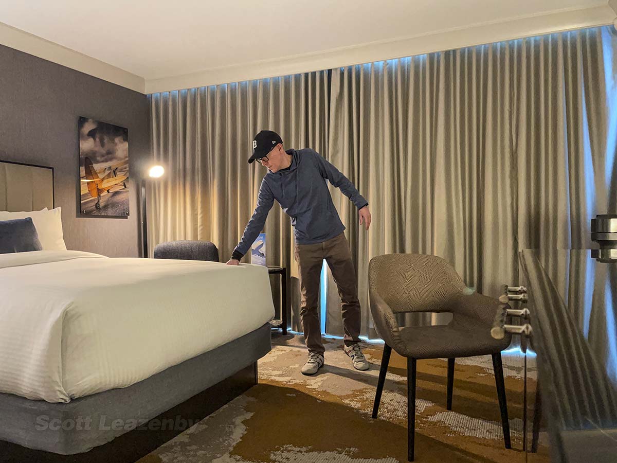 Scott testing the bed in his room at the Fairmont Hotel YVR