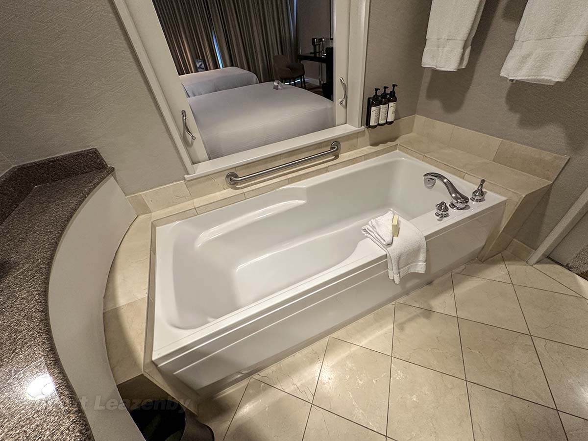 Full-size tub in the bathroom in my room at the Fairmont hotel Vancouver airport