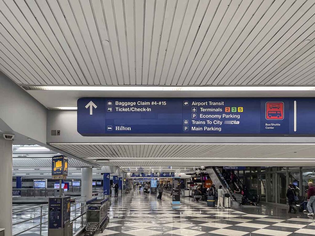 Signage to the Hilton hotel inside the O'Hare airport