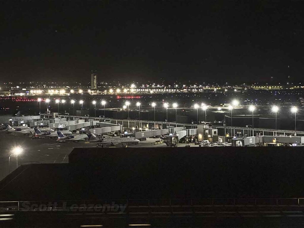 Night view of airport terminal ORD Hilton
