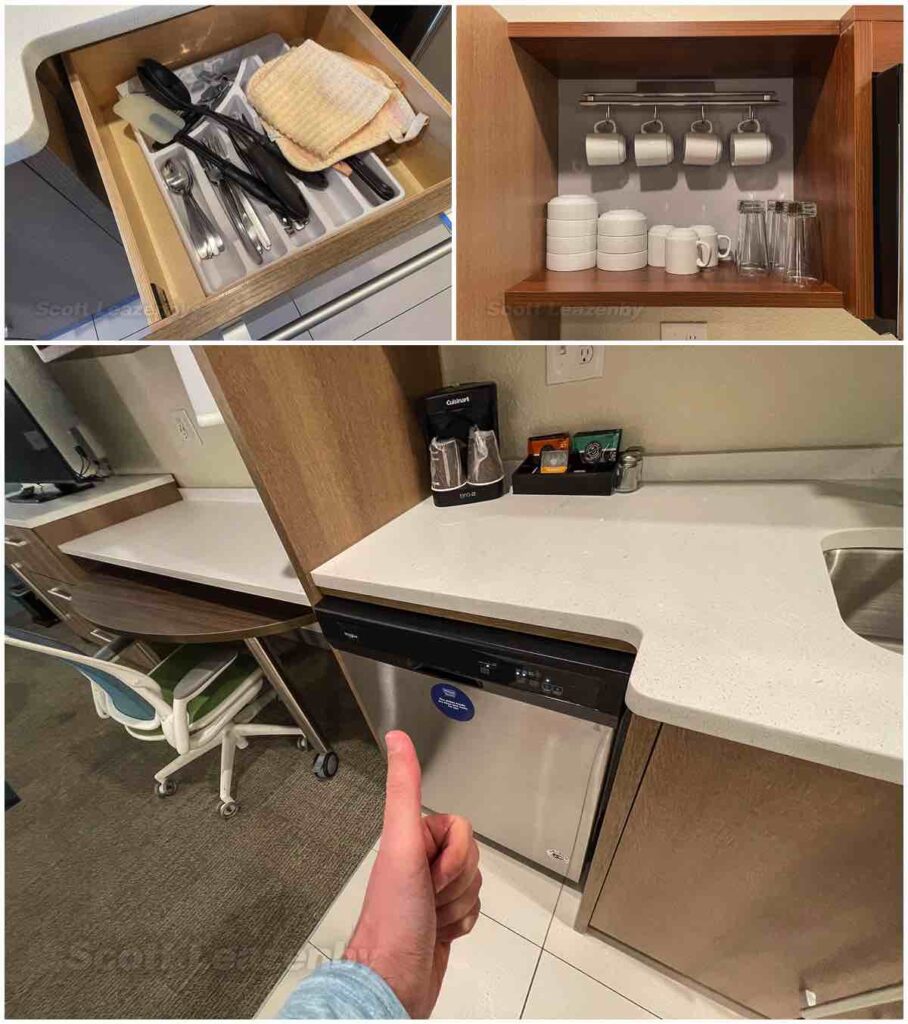 Home2 Suites Grand Blanc silverware, dishes, and dishwasher