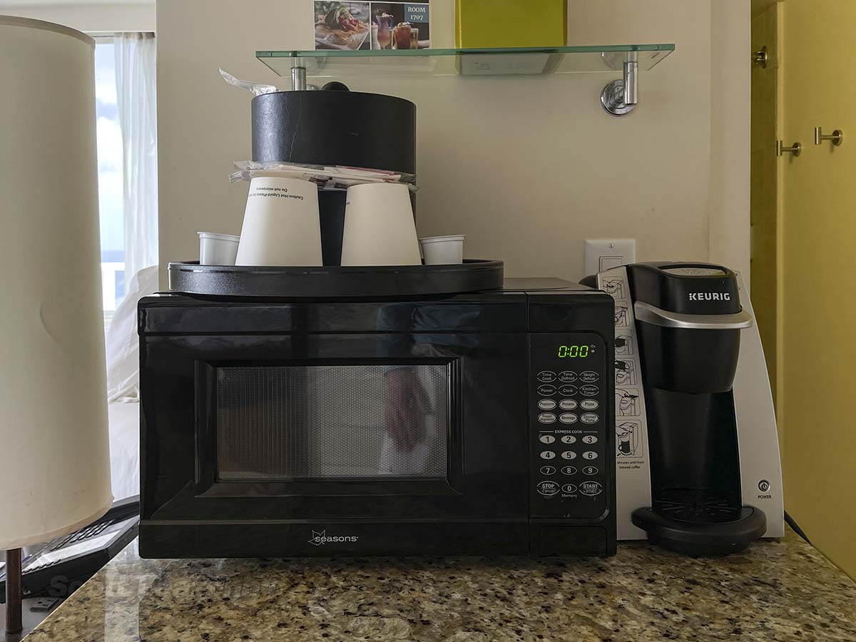 Park Shore Waikiki Hotel in room microwave and Keurig machine