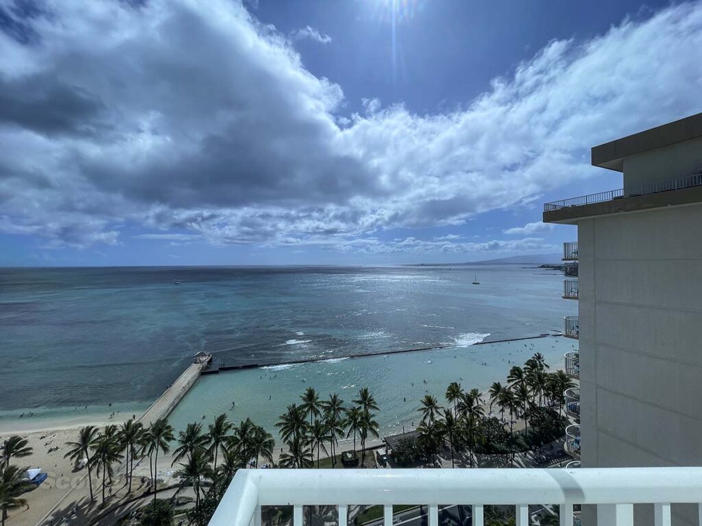 View of Waikiki Beach from the South facing window in my room at the Park Shore Waikiki Hotel