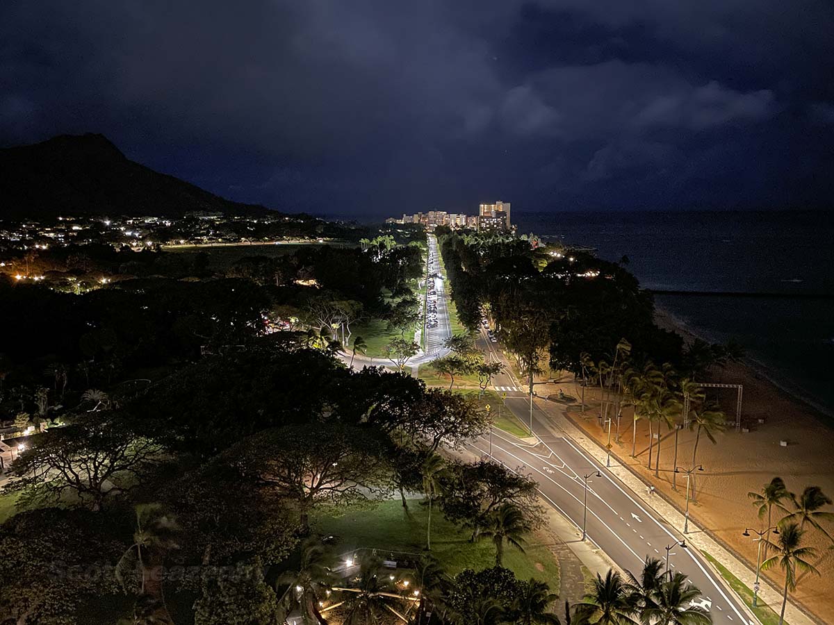 View from my room at night at the Park Shore Waikiki Hotel