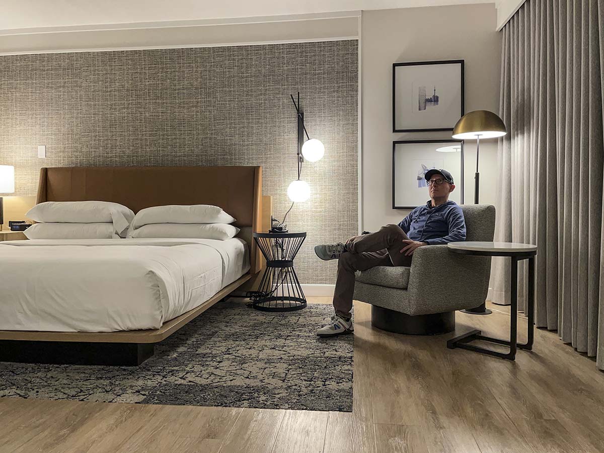 Scott relaxing in his room at the Sheraton YYZ Hotel