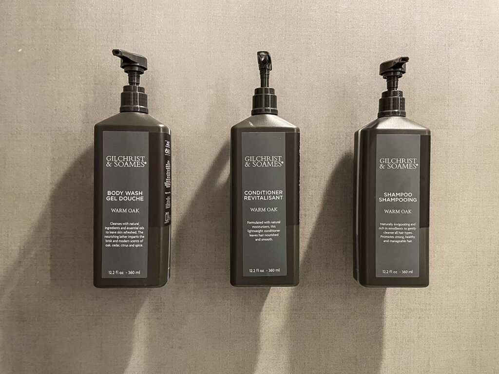 Sheraton YYZ Gilchrist and Soames shower shampoo, conditioner, and body wash