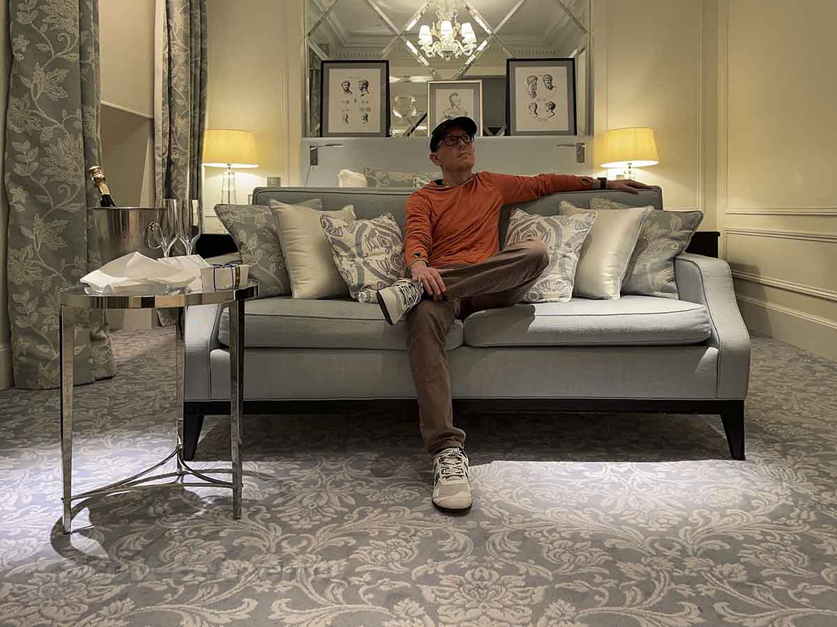 Sitting on the couch at the St regis hotel in rome