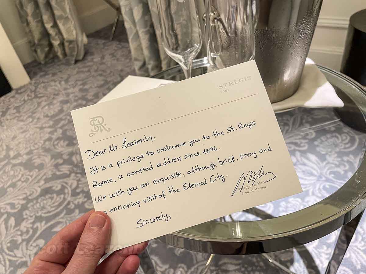 St regis rome hand written welcome note