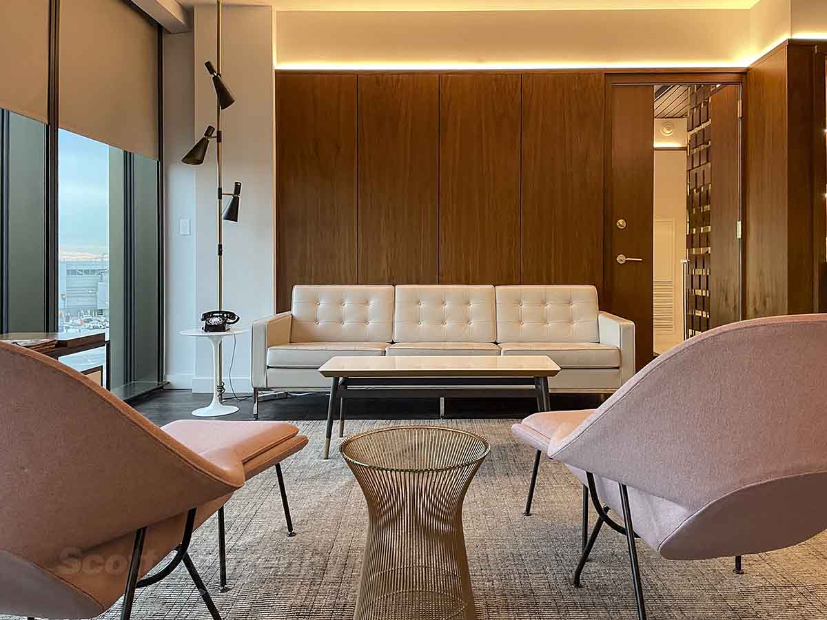 Twa hotel Howard Hughes suite couch and living area