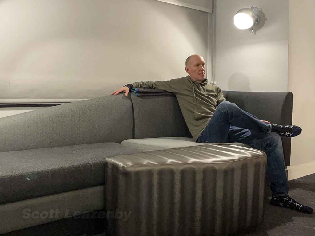 Scarred sitting in a room with a W Hotel downtown Seattle