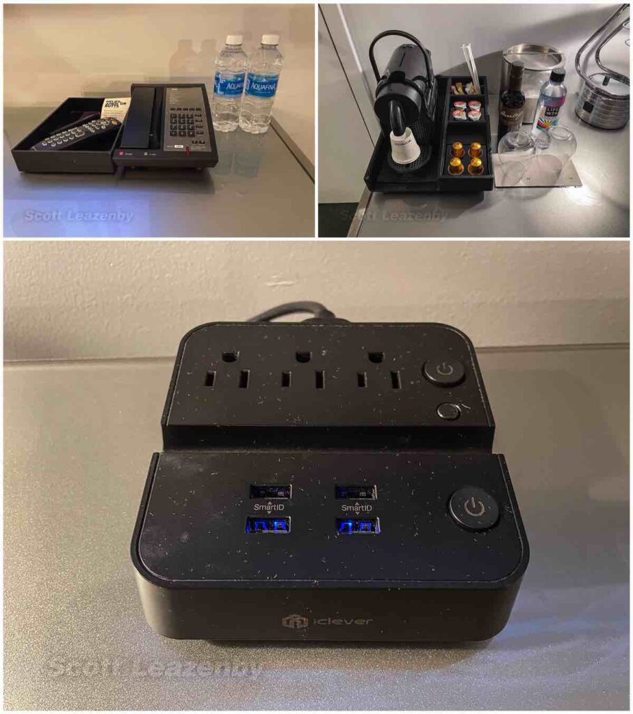 W Hotel downtown Seattle phone, complementary water, coffee maker, and the USB charging outlets