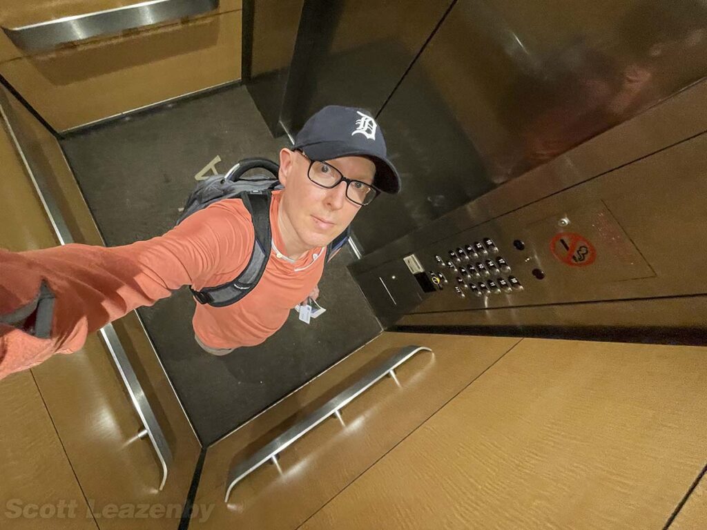 Scarred taking the elevator up to the 15th floor at the Waikiki Malia Hotel