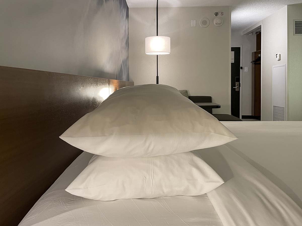 Pillows on the bed in my room at the Marriott Newark Airport 