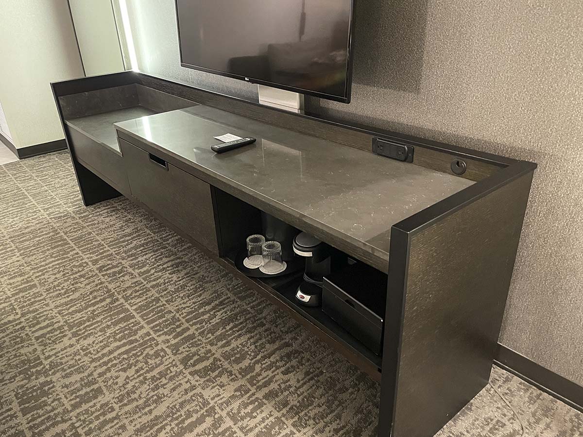 Marriott Newark Airport dresser drawers and shelving for storage