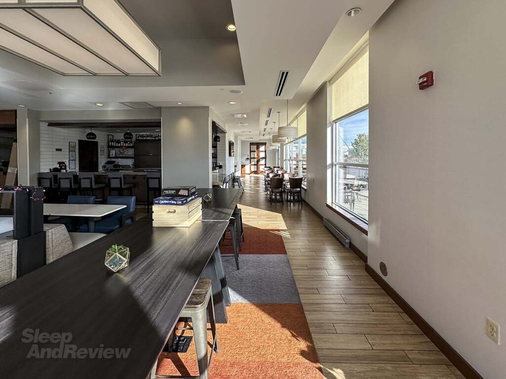 Hyatt House Denver Airport lobby work tables