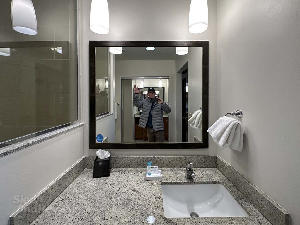 Hyatt House Denver Airport bathroom mirror