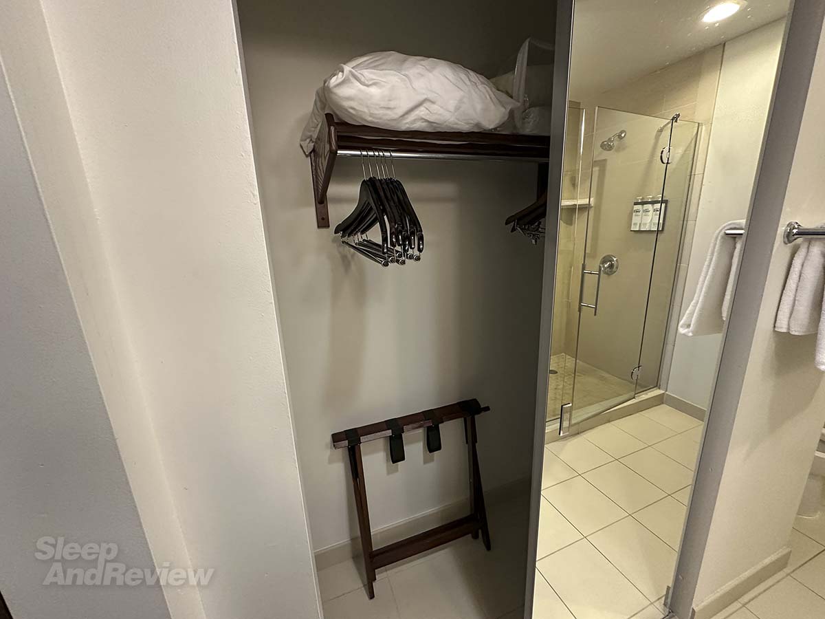 Hyatt House Denver Airport in room closet space with extra blankets and pillows and room for hanging clothes