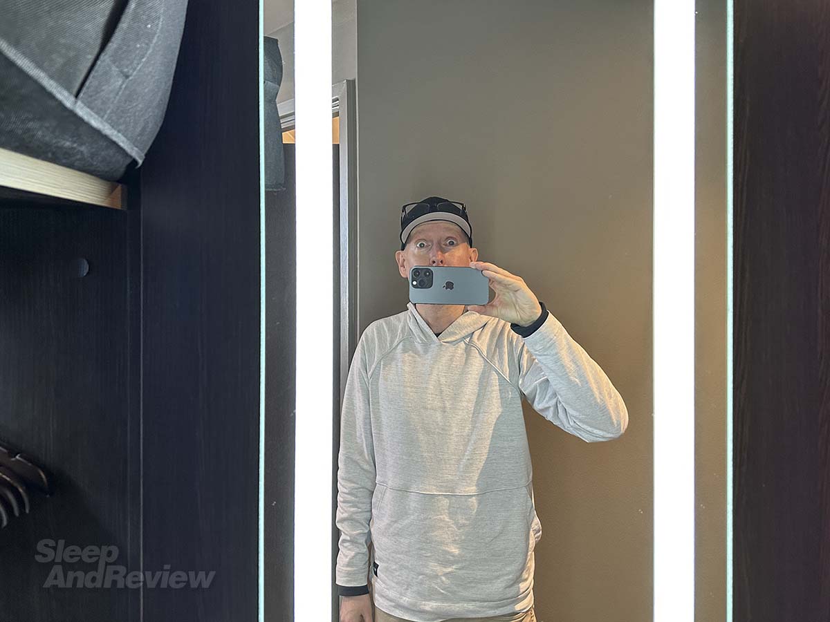 Scott in his Premier Plus room in the Premier Inn London County Hall Hotel
