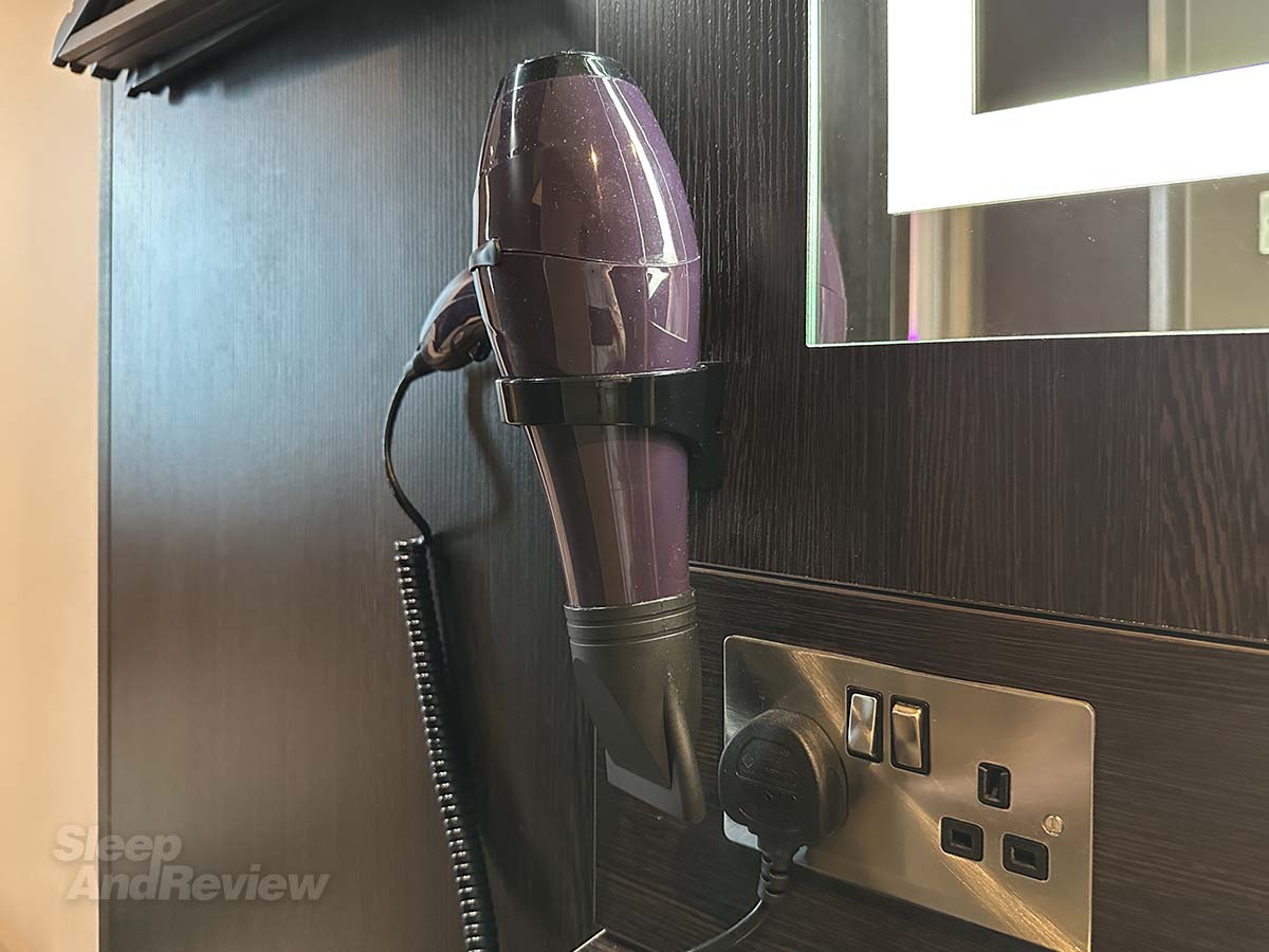 Hairdryer in my Premier Plus room in the Premier Inn London County Hall Hotel