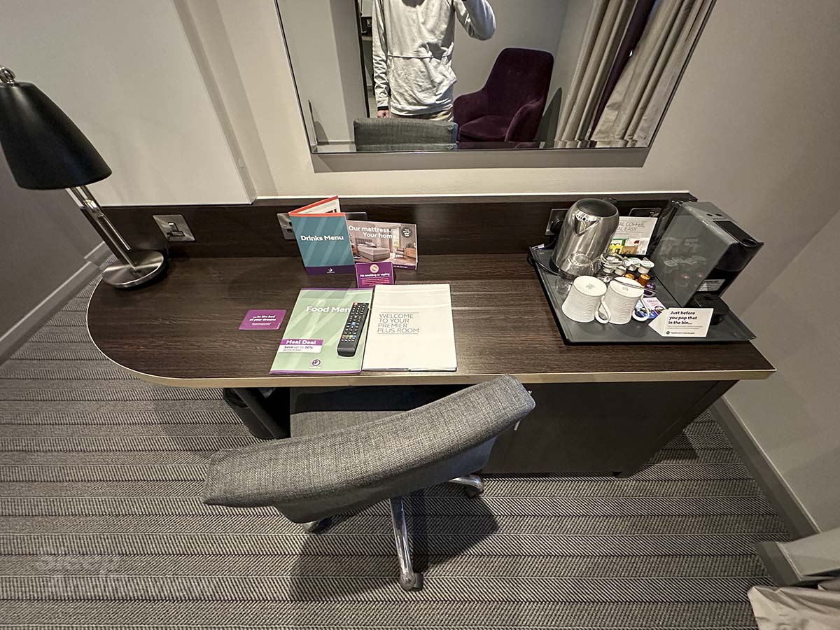Desk with coffee maker and lamp in my Premier Plus room in the Premier Inn London County Hall Hotel