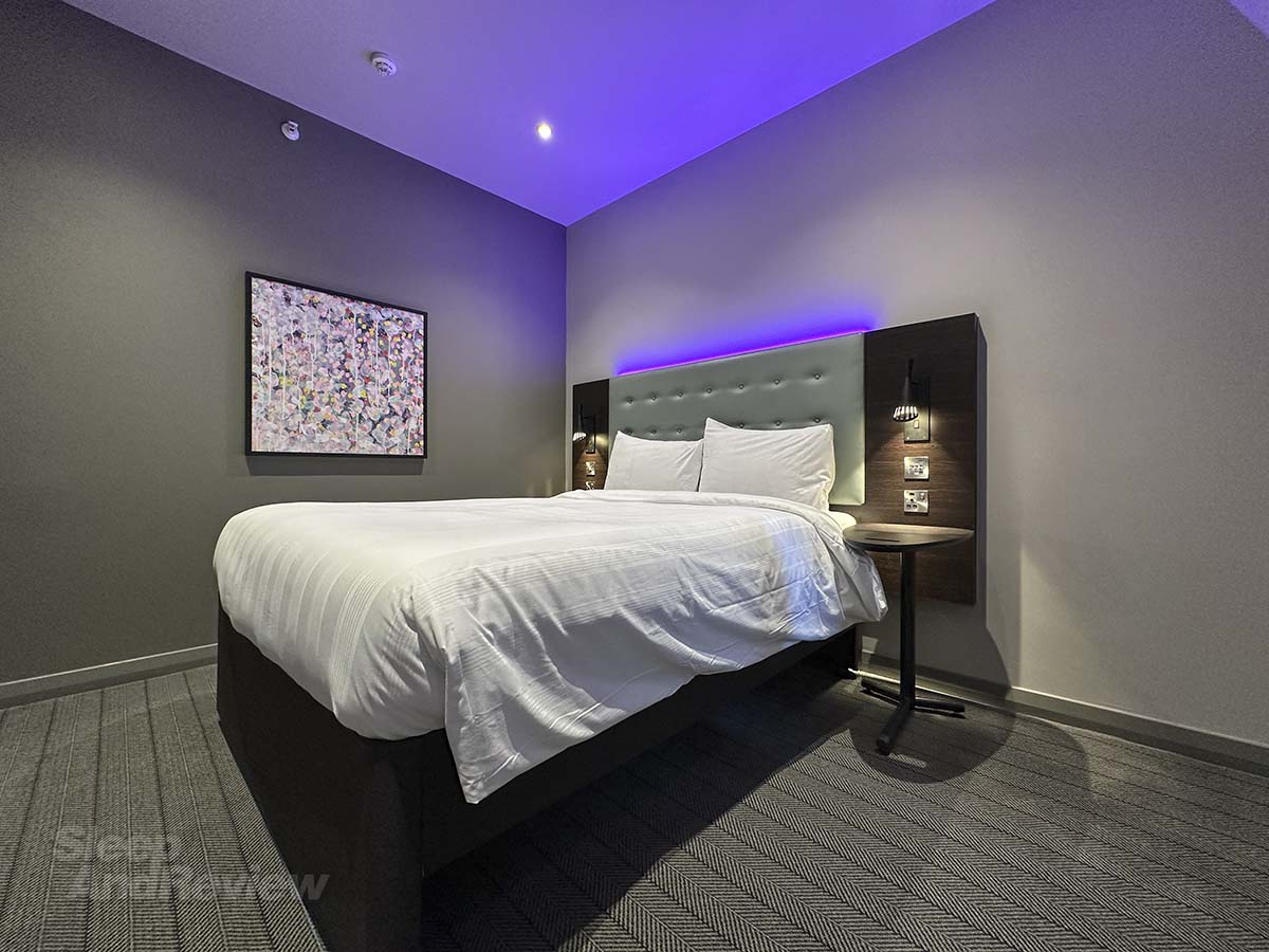 The bedroom with king size bed in my Premier Plus room in the Premier Inn London County Hall Hotel