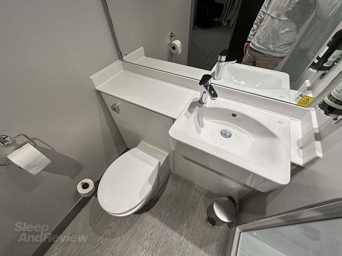 Toilet and sink in my Premiere Plus room at the Premier Inn London County Hall Hotel
