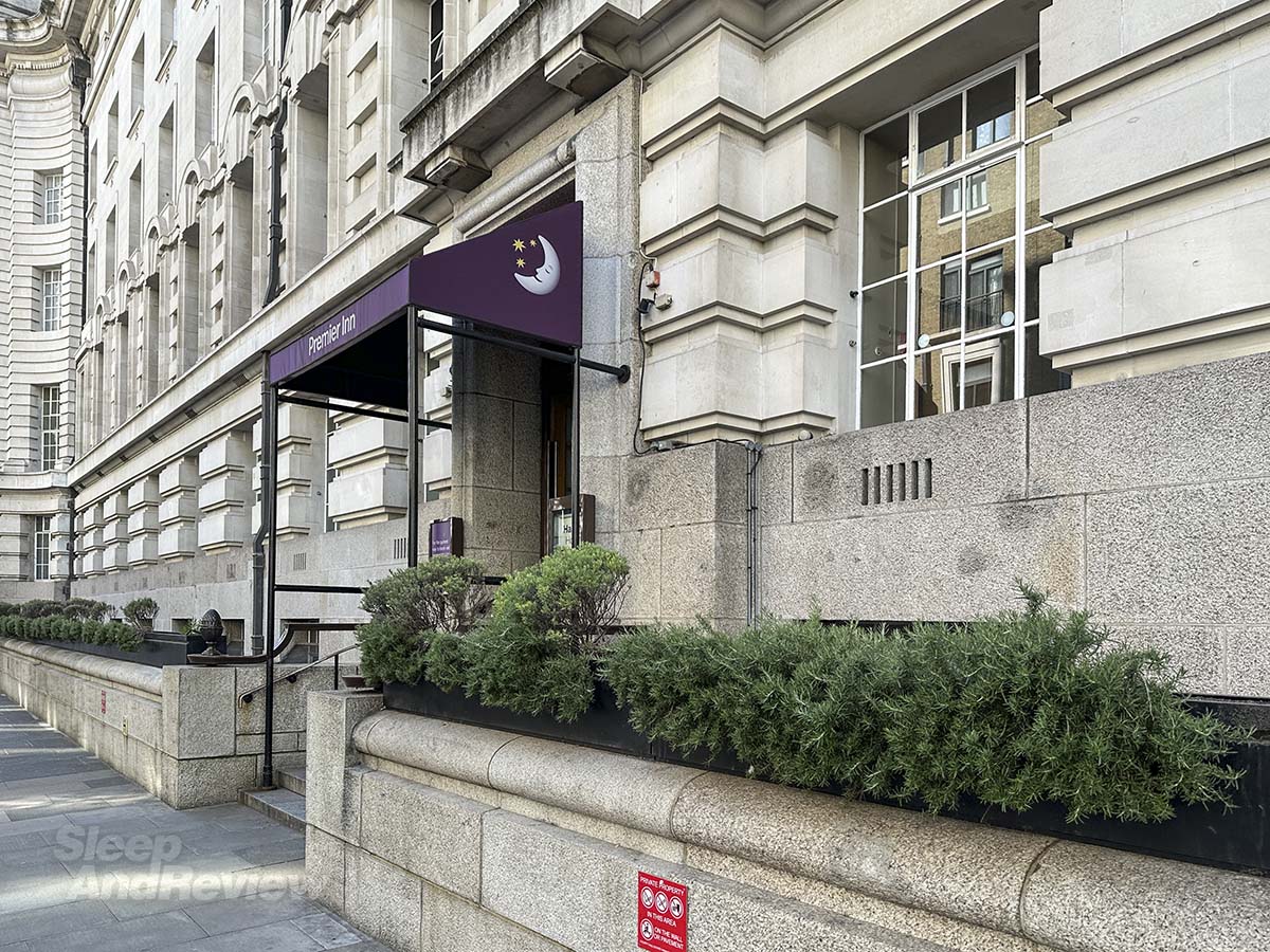 Walking up to the main entrance at the Premier Inn London County Hall Hotel