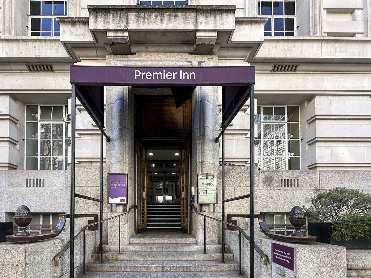 Main entrance with awning at the Premier Inn London County Hall Hotel