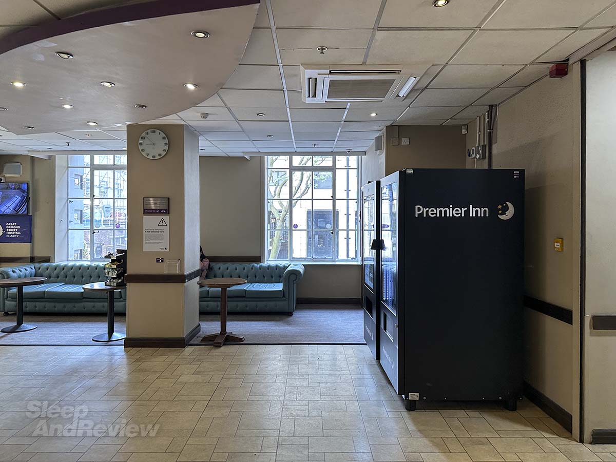 Premier Inn London County Hall Hotel lobby with vending machines