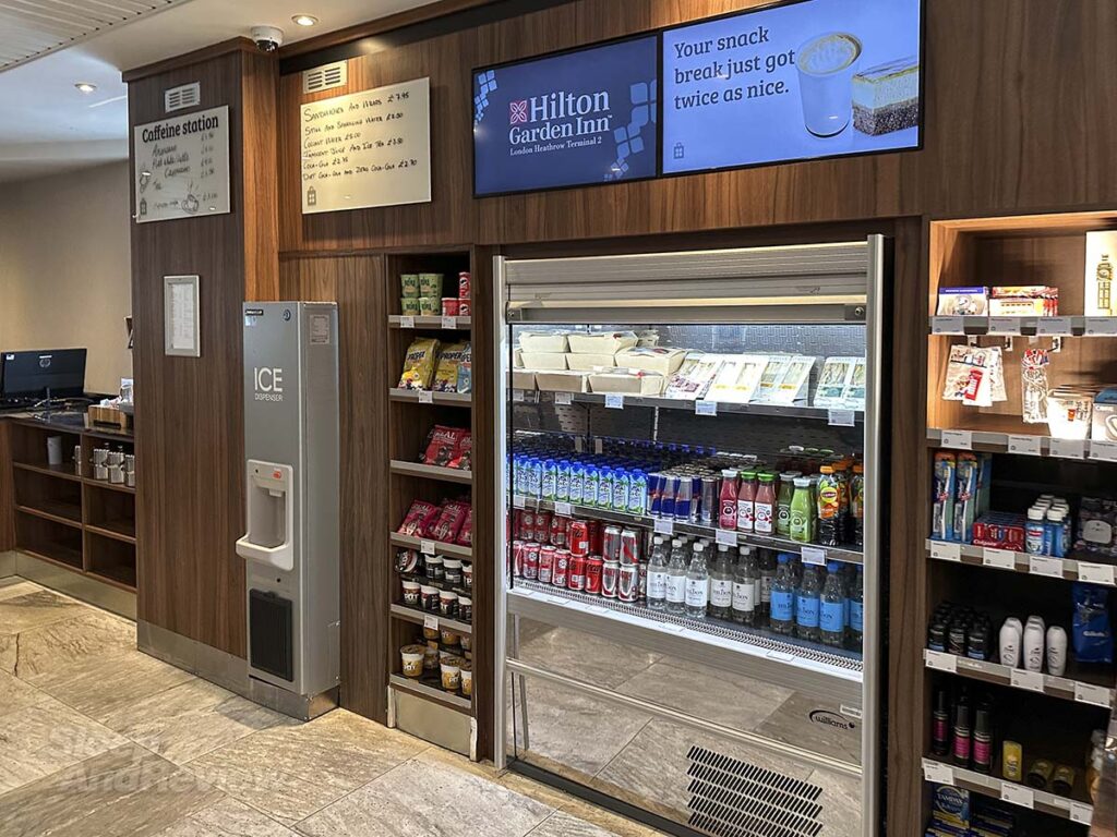 Snacks and drinks for purchase in the lobby of the Hilton Garden Inn Terminal 2 Heathrow Airport