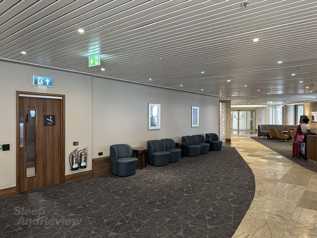 Waiting area inside the lobby of the Hilton Garden Inn Terminal 2 Heathrow Airport