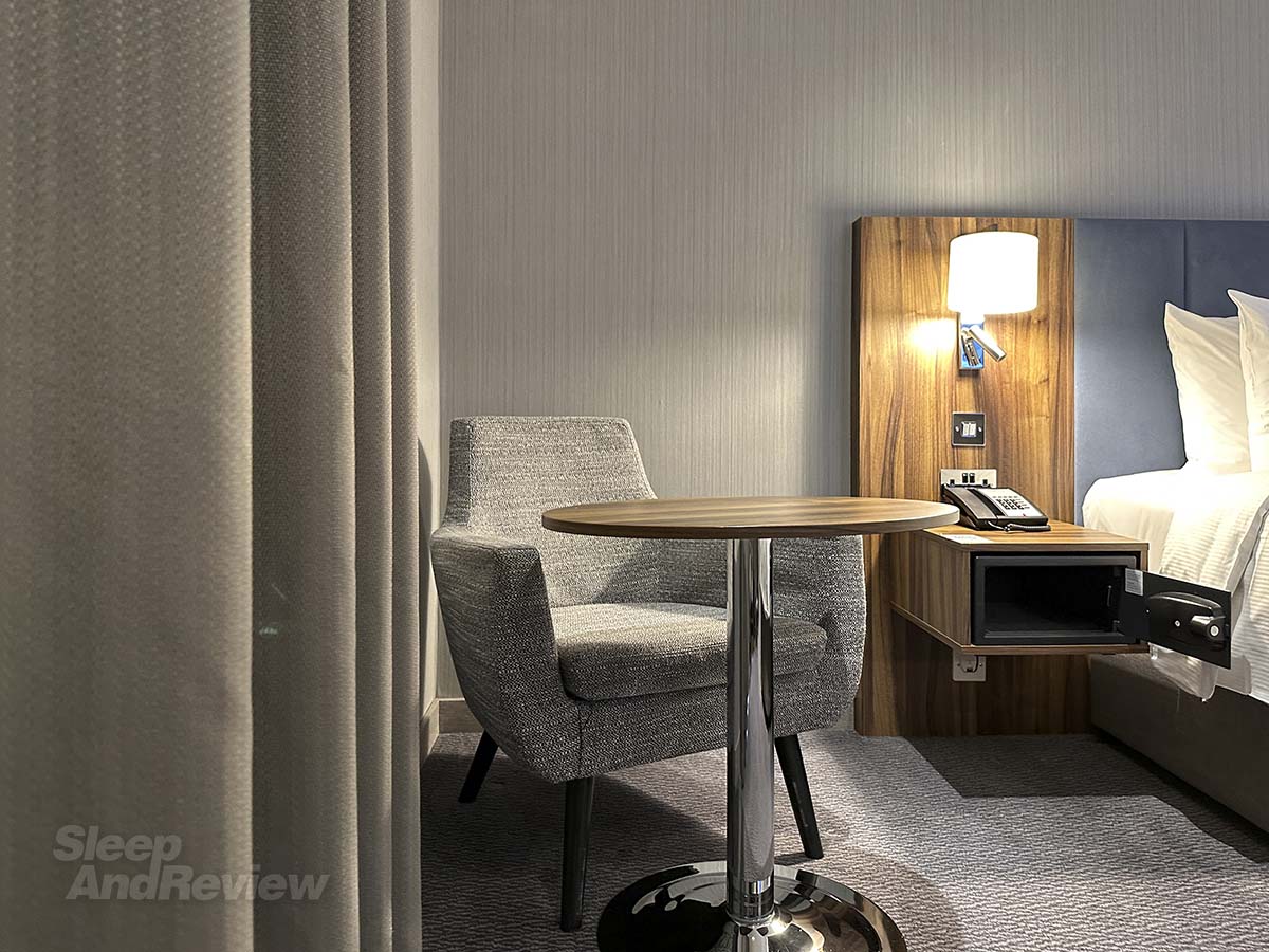 Table and chair in my room in the Hilton Garden Inn Heathrow Airport