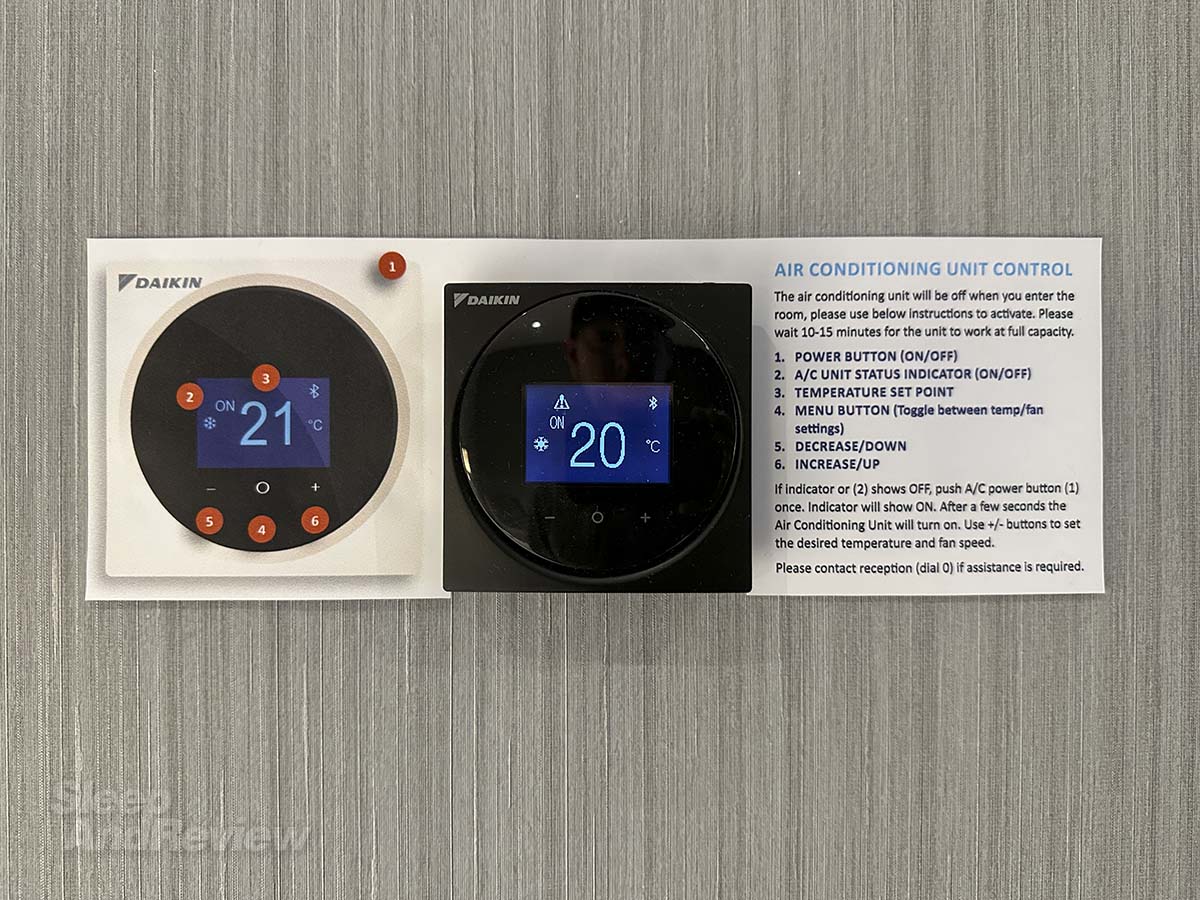 HVAC control unit with instructions in my room at the Hilton Garden Inn Heathrow Airport