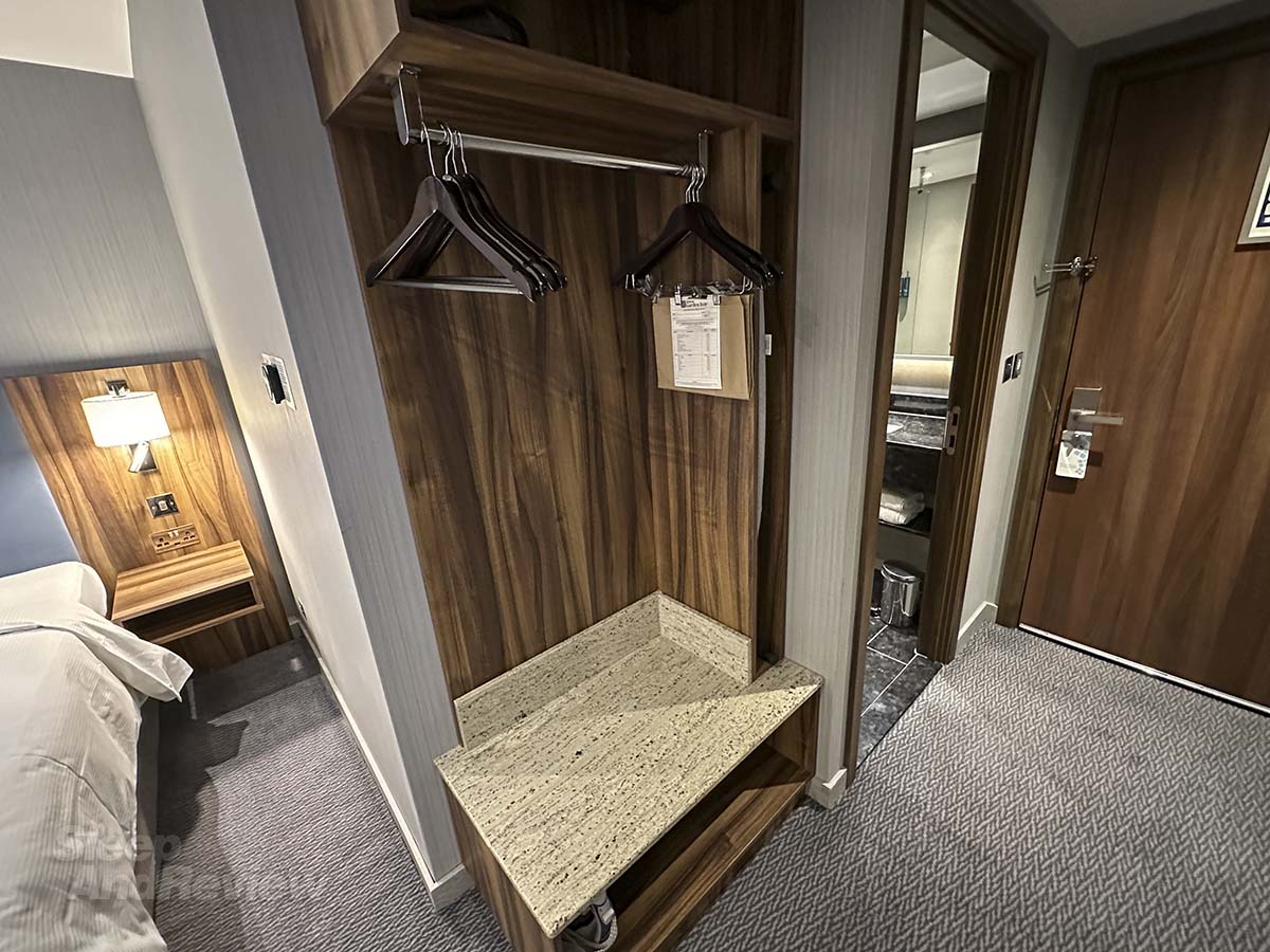 Exposed closet in my room in the Hilton Garden Inn Heathrow Airport