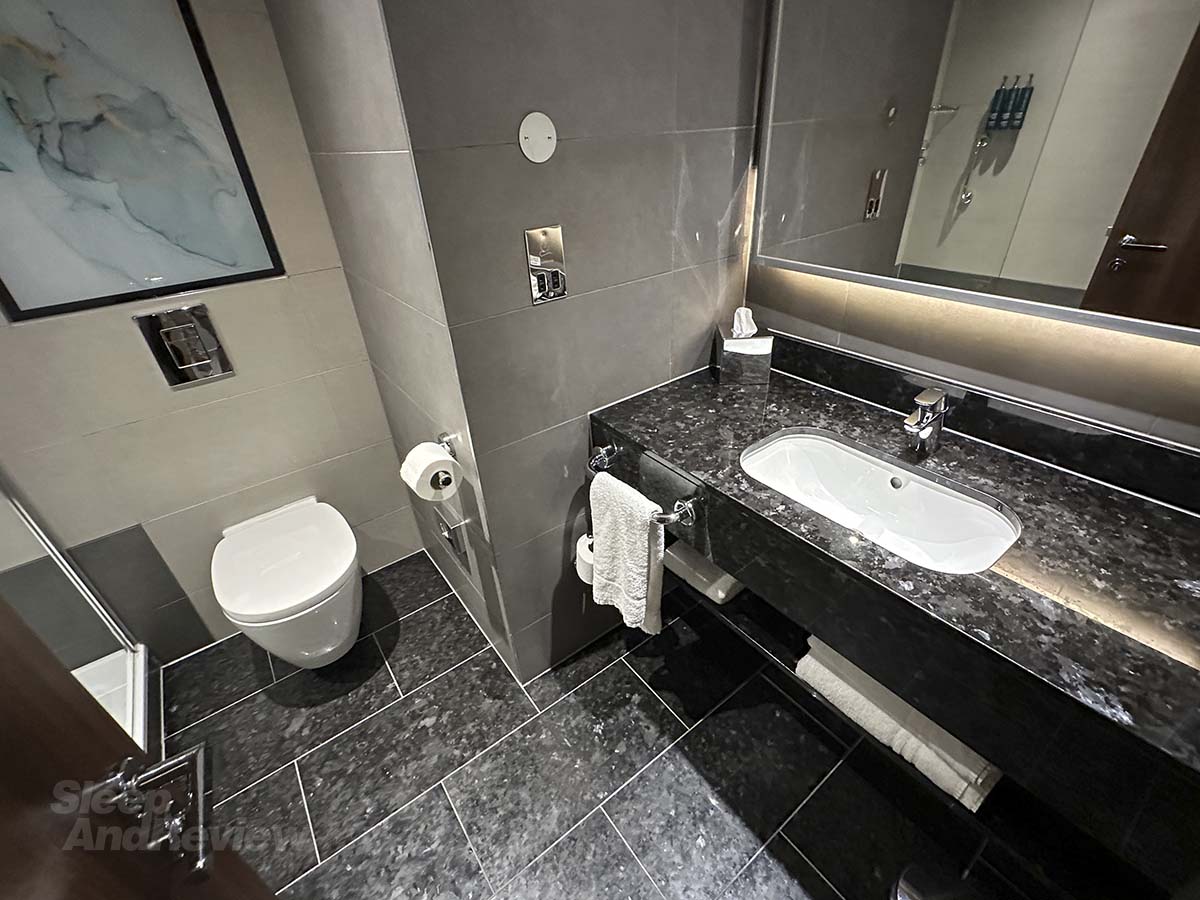 Bathroom in my room at the Hilton Garden Inn Heathrow Airport