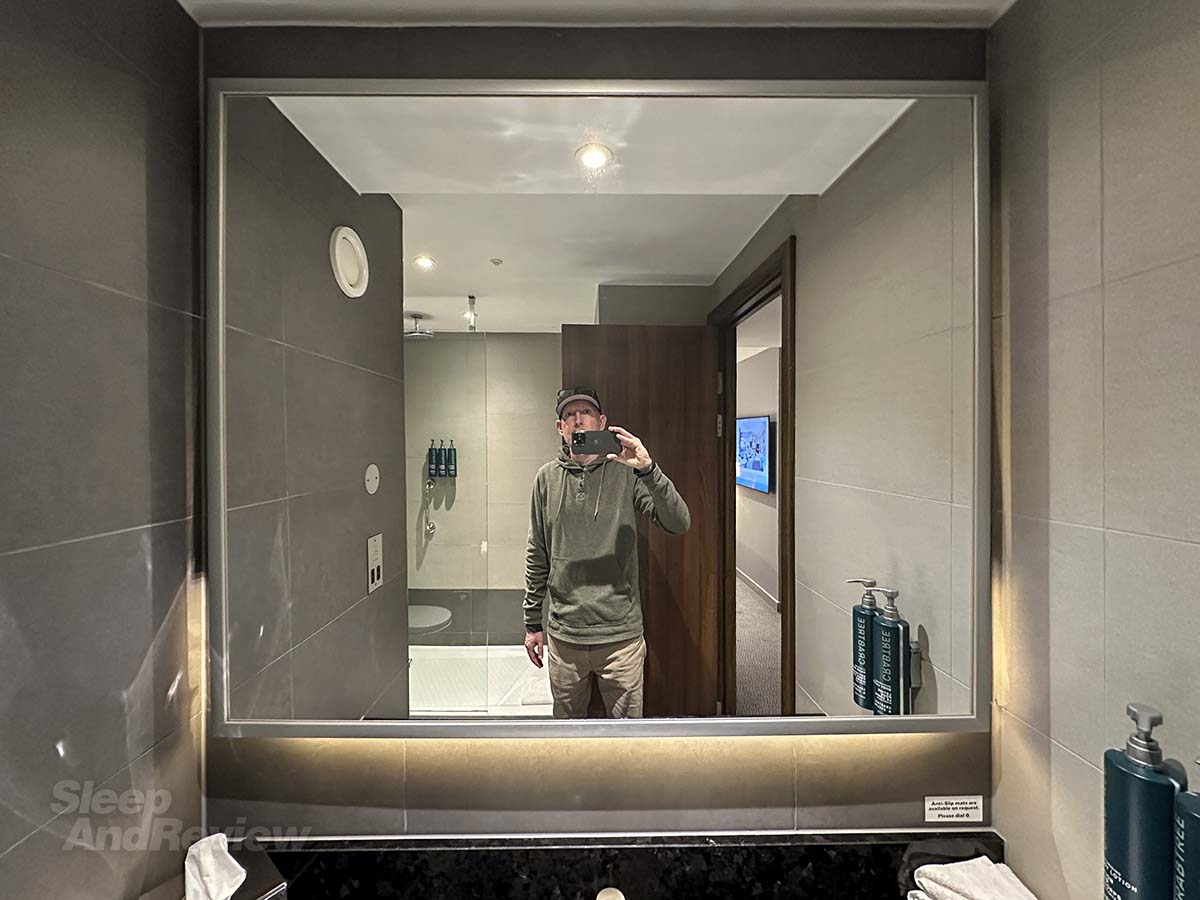 Vanity mirror in the bathroom in my room at the Hilton Garden Inn Heathrow Airport
