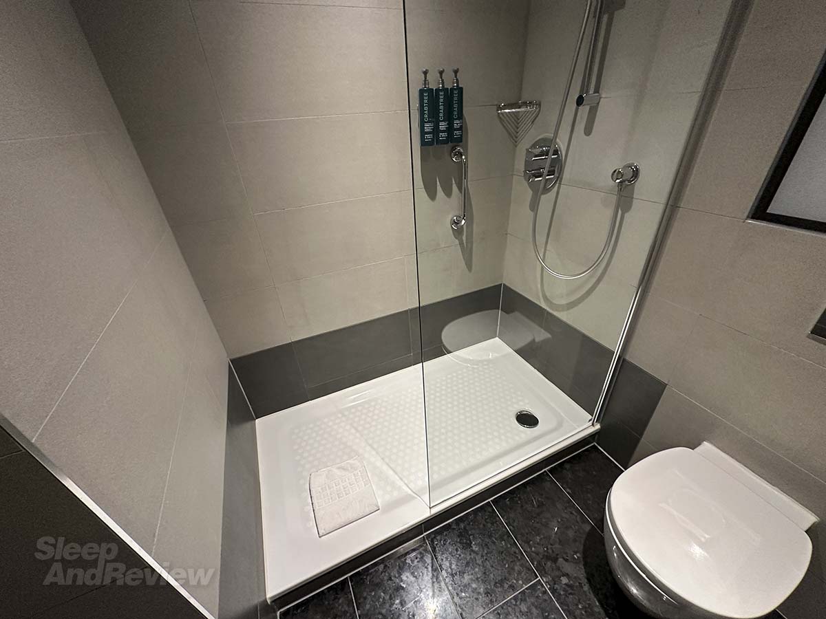 Shower in the bathroom in my room at the Hilton Garden Inn Heathrow Airport