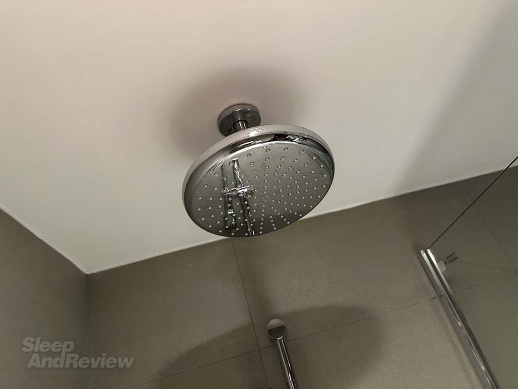 Showerhead in the shower in the bathroom in my room at the Hilton Garden Inn Heathrow Airport
