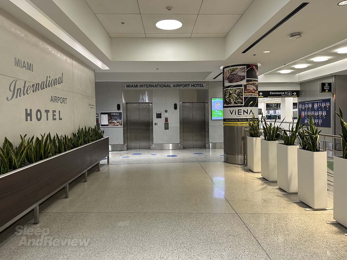 Walking to the elevators at the Miami International Airport hotel