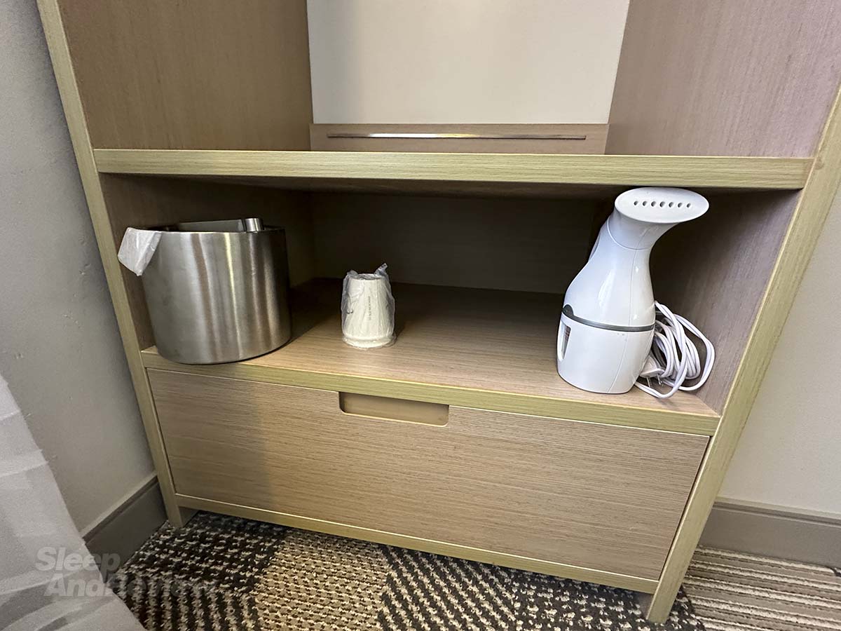 Steam machine and ice bucket in my room at the Miami International Airport hotel