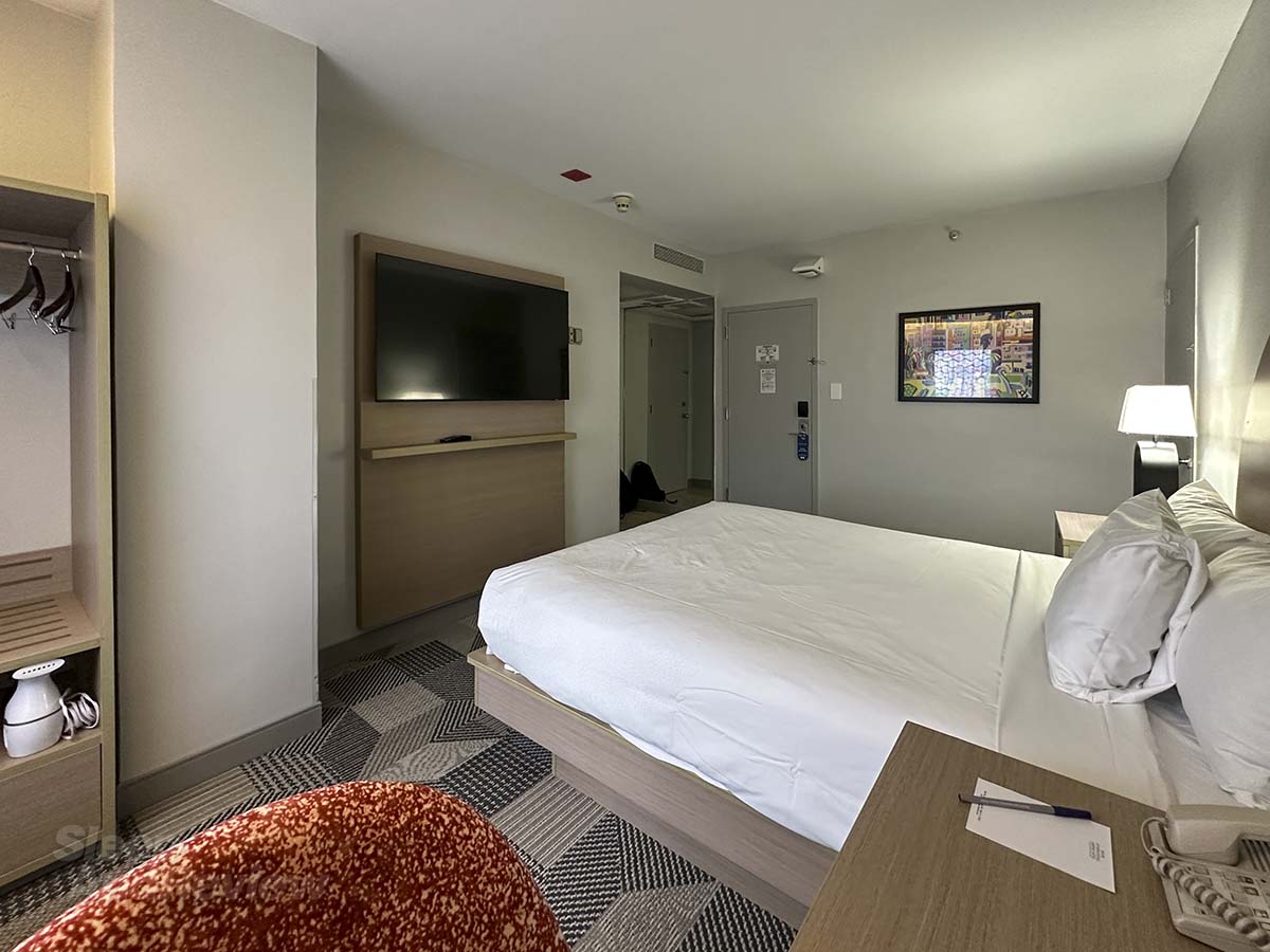 My room at the Miami International Airport hotel looking across the bed and back towards the entrance