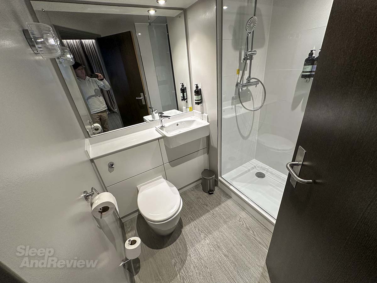 The bathroom in my Premiere Plus room at the Premier Inn London County Hall Hotel