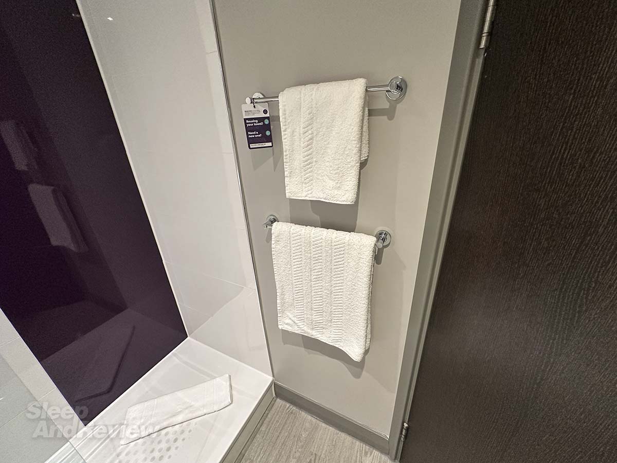 Bath towels in my Premiere Plus room at the Premier Inn London County Hall Hotel