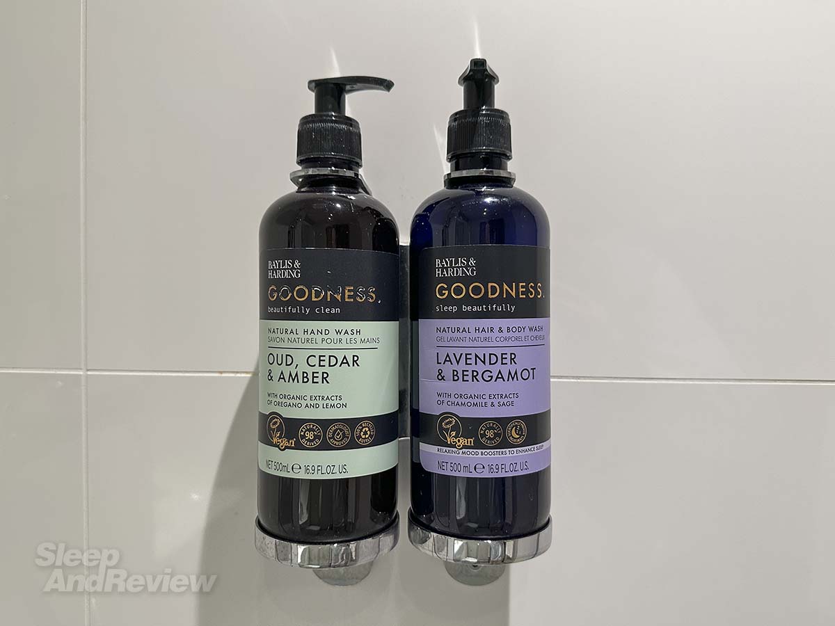 Shampoo and body wash dispensers in the shower in my Premiere Plus room at the Premier Inn London County Hall Hotel