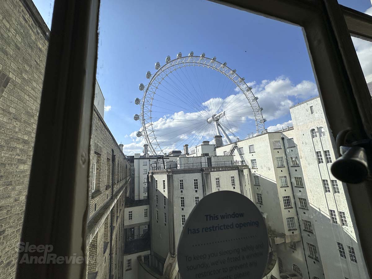 View of the London eye from the windows in the Premier Inn London County Hall Hotel
