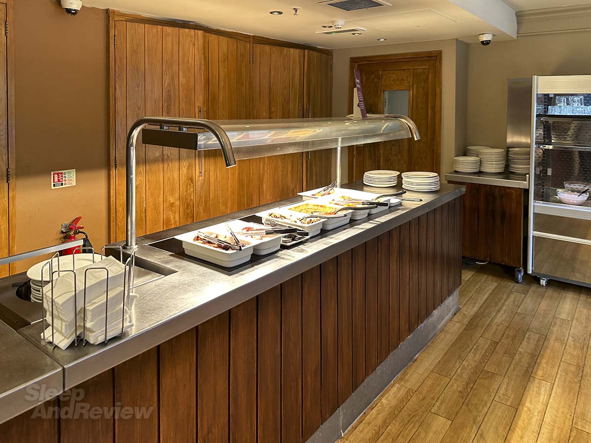 Hot food items in the breakfast buffet in the Premier Inn London County Hall Hotel restaurant