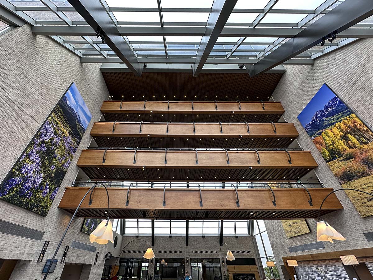 Looking up to the ceiling while standing in the lobby of the Inverness Denver hotel and resort