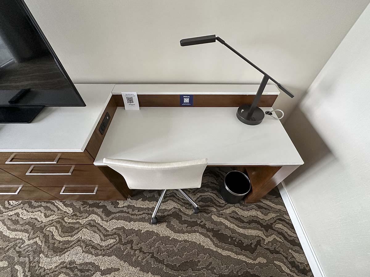 Desk and chair in my studio suite at the Inverness Denver Hotel